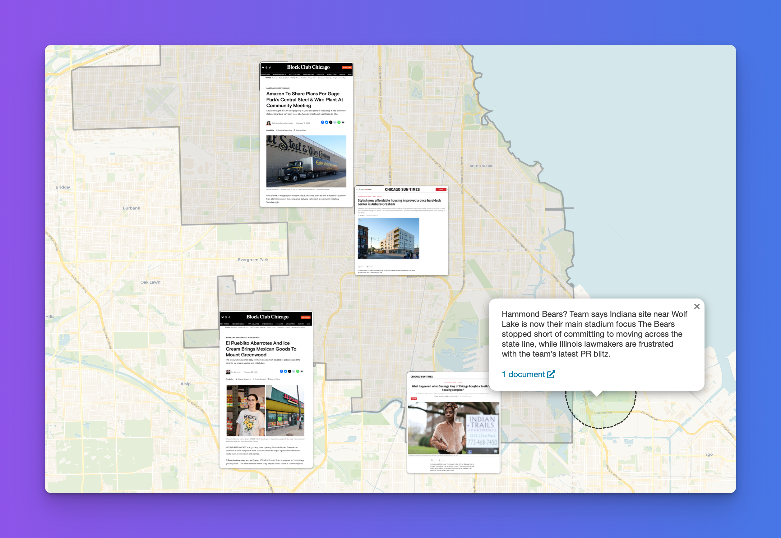 screenshot of some of the recent news articles added to the database