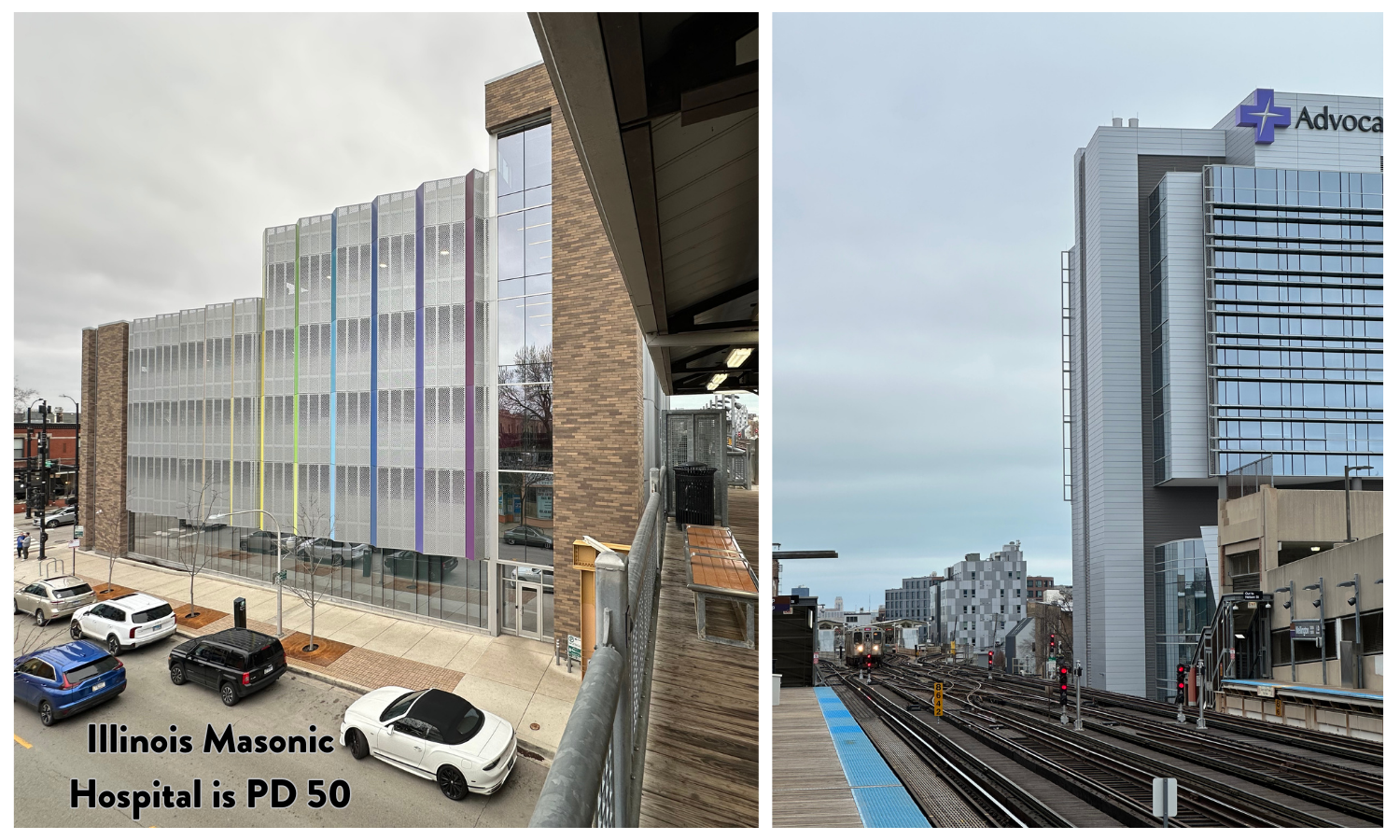 two photos, side by side. left: a five-story parking garage; right: a new hospital building