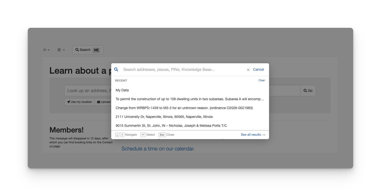  The Command-K search modal open on Chicago Cityscape, showing recent searches including a property address, two zoning-related queries, and a property owner name.