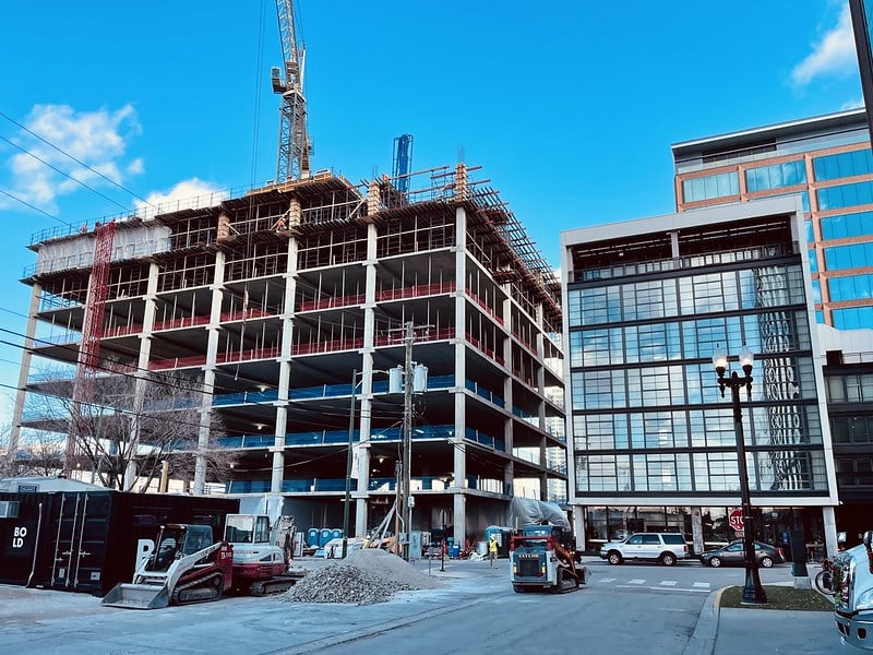 Photo of an office building under construction on Morgan Street in the West Loop.