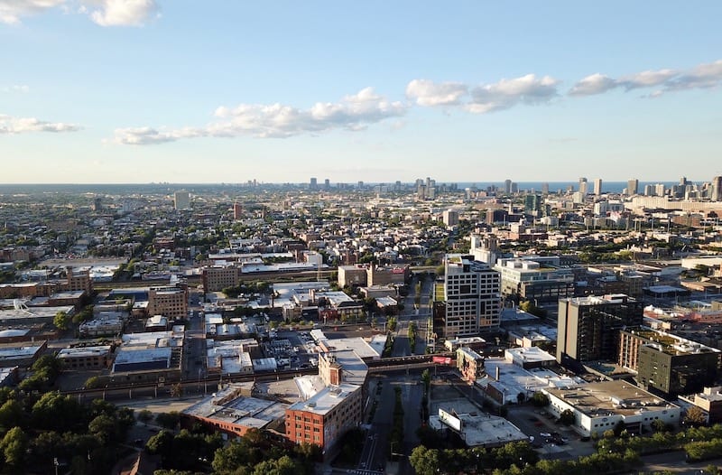 An aerial photo of the West Loop looking north along Ogden Avenue from Union Park.